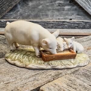Vintage Momma Pig w 3 Piglets Eating From Trough Figurine by George Good-Country